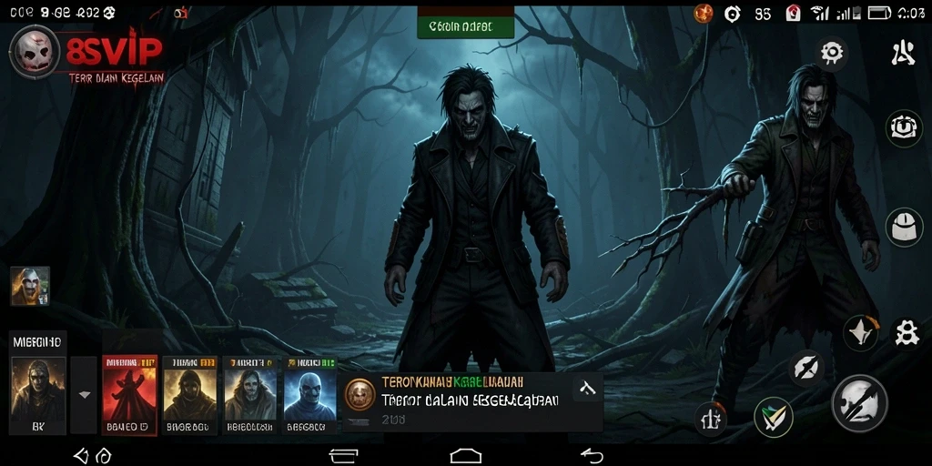 Tangkapan layar gameplay 8SVIP menampilkan suasana mencekam dan karakter yang terjebak dalam kegelapan.
