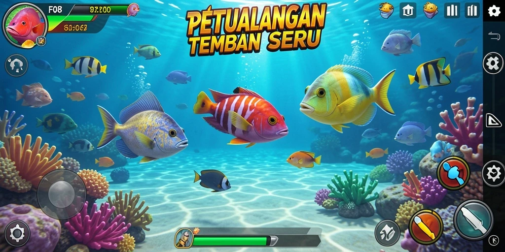 Tampilan gameplay seru dari F08 yang menampilkan aksi tembak ikan.