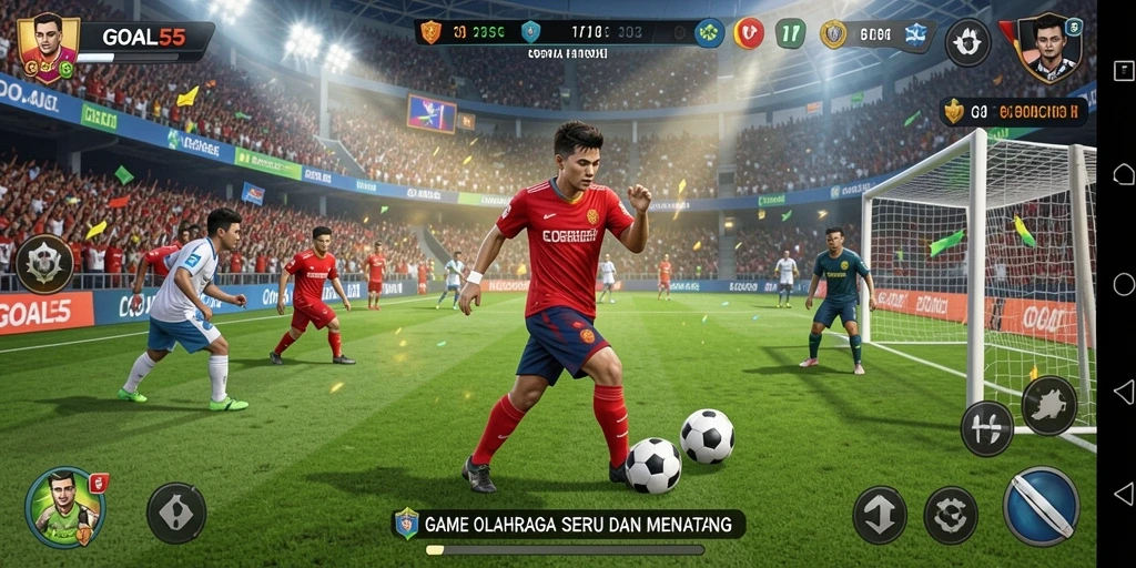 Screenshot utama GOAL55 menampilkan aksi seru dalam permainan olahraga.