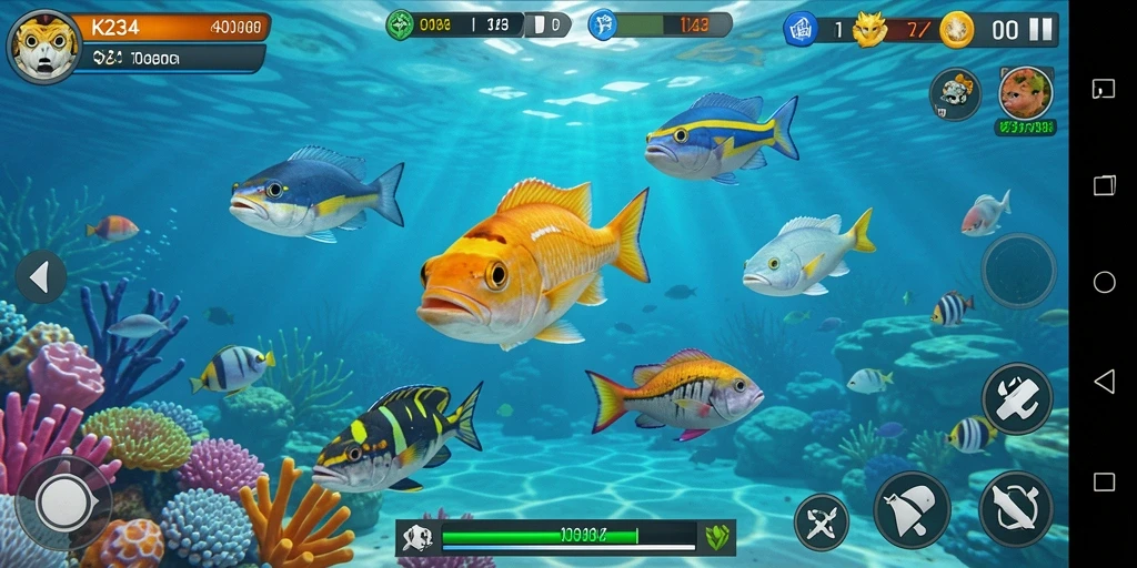 Tampilan gameplay seru dalam K234, aksi menembak ikan yang menarik.