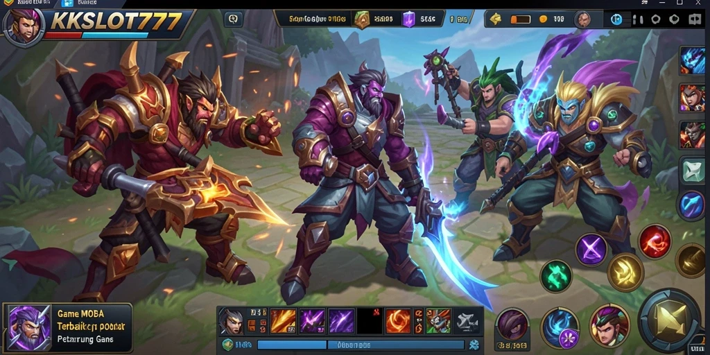 Screenshot gameplay KKSLOT777 yang menampilkan aksi seru dalam pertempuran MOBA.