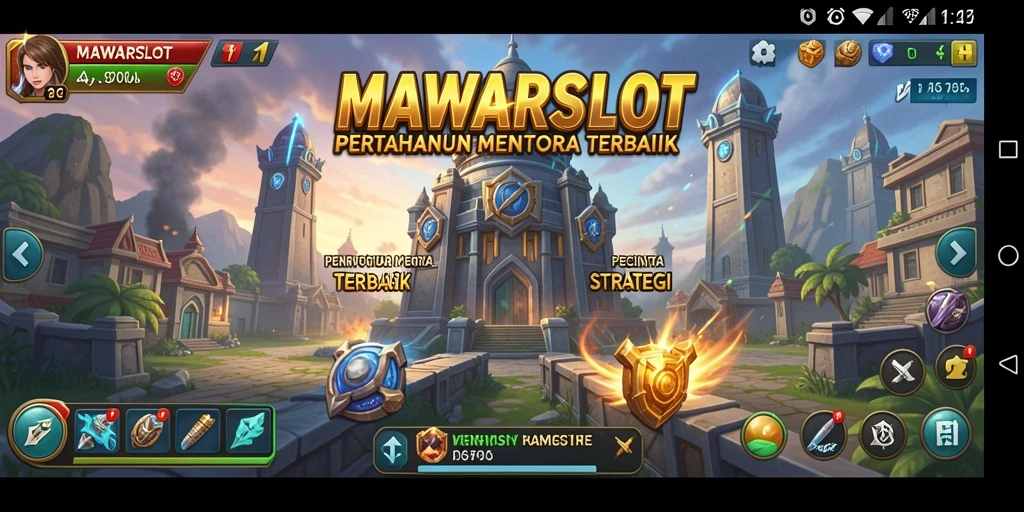 Screenshot gameplay MAWARSLOT dengan menara bertahan dan gelombang musuh.