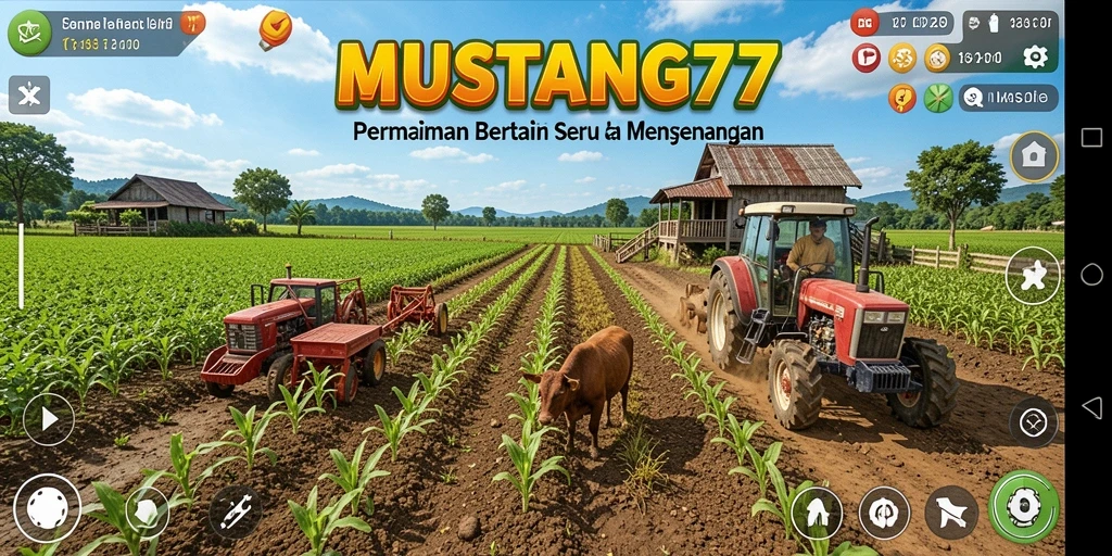 Tangkapan layar dari gameplay pertanian yang penuh warna di MUSTANG77.