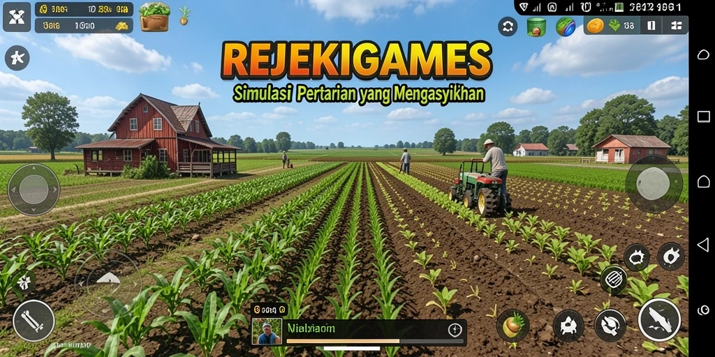 Tampilan gameplay seru dalam REJEKIGAMES yang menunjukkan aktivitas pertanian.