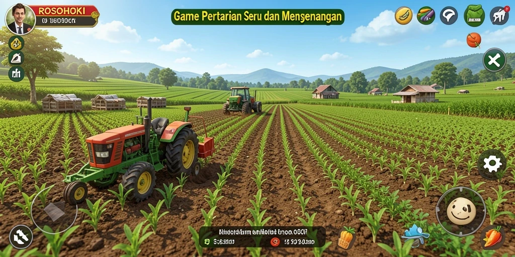 Tampilan menarik dari gameplay <strong>ROSOHOKI</strong> yang penuh warna dan aktivitas pertanian.