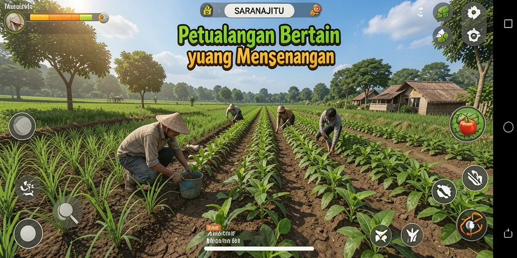 Screenshot SARANAJITU menampilkan visual pertanian yang menarik dan gameplay interaktif.