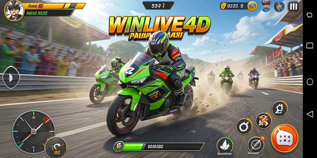 Tampilan gameplay seru dari WINLIVE4D dengan aksi balapan mendebarkan.