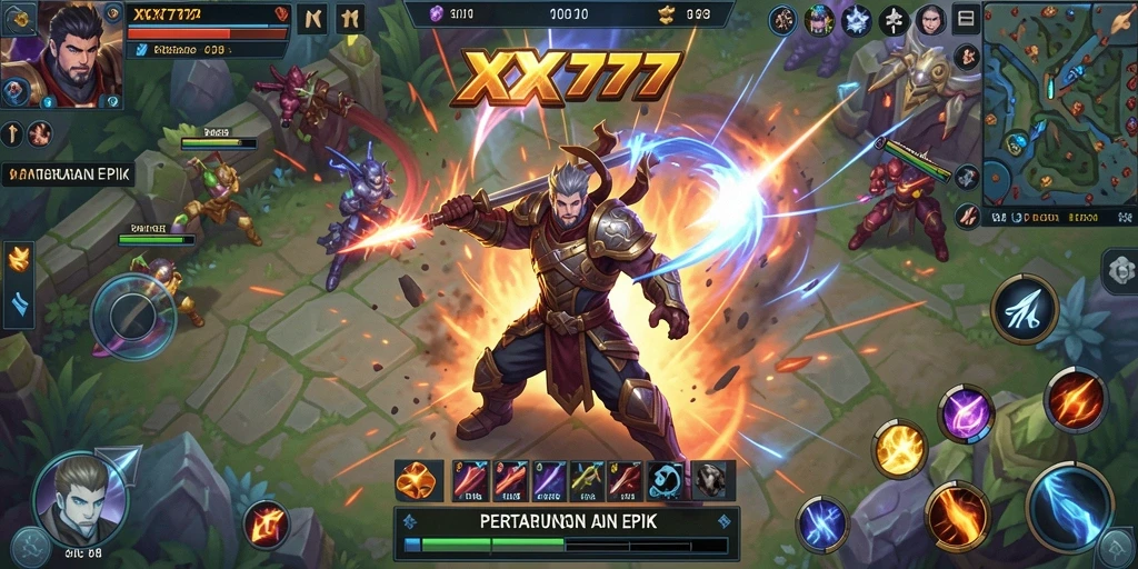Tampilan layar gameplay seru dalam pertarungan tim MOBA.
